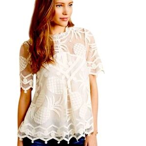 Anthropologie Pineapple Design Sheer/Lined Short
Sleeve Babydoll, Y2K Blouse, 6